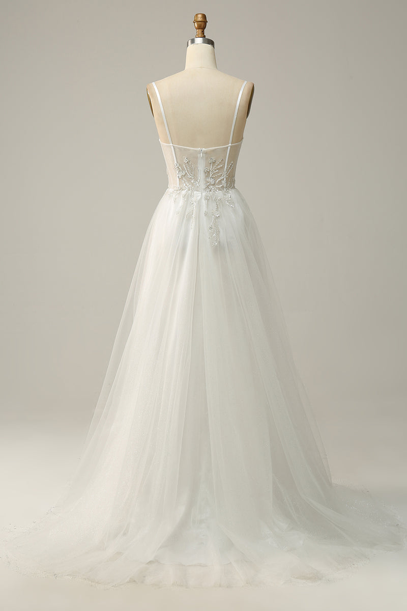 Load image into Gallery viewer, White Spaghetti Straps Corset Prom Dress with Beading