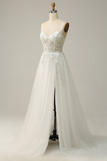 White Spaghetti Straps Corset Prom Dress with Beading