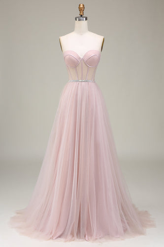 Tulle A Line Strapless Light Pink Corset Prom Dress