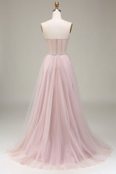 Tulle A Line Strapless Light Pink Corset Prom Dress