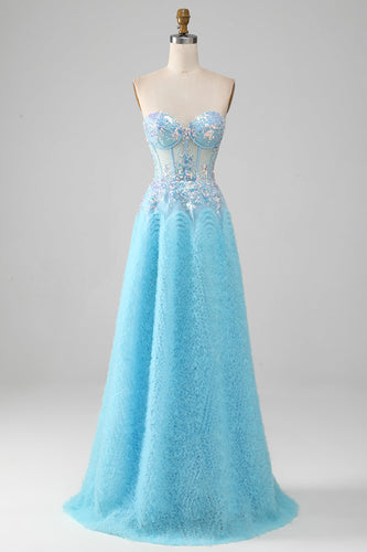 A Line Strapless Sky Blue Corset Prom Dress with Sequins