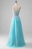 Load image into Gallery viewer, A Line Strapless Sky Blue Corset Prom Dress with Sequins