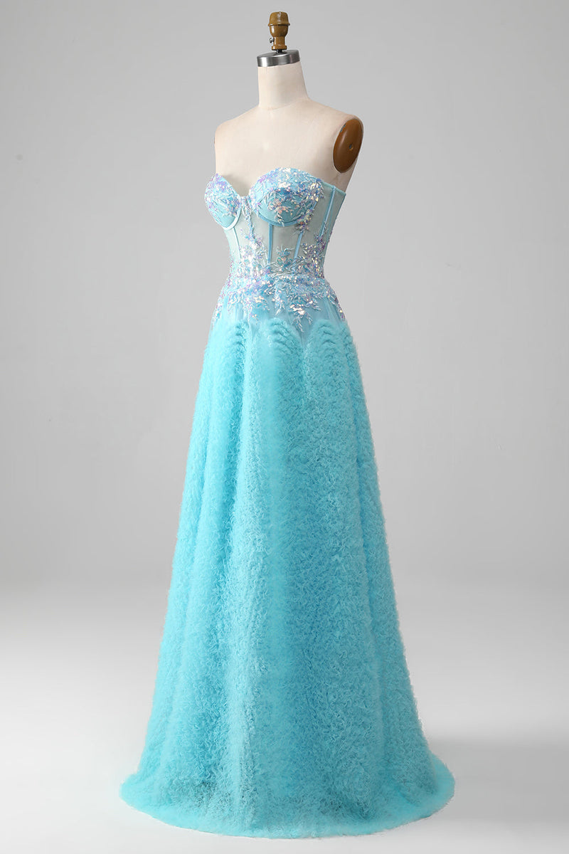 Load image into Gallery viewer, A Line Strapless Sky Blue Corset Prom Dress with Sequins