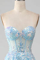 Load image into Gallery viewer, A Line Strapless Sky Blue Corset Prom Dress with Sequins