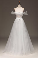Load image into Gallery viewer, White Off the Shoulder A Line Corset Prom Dress with Appliques