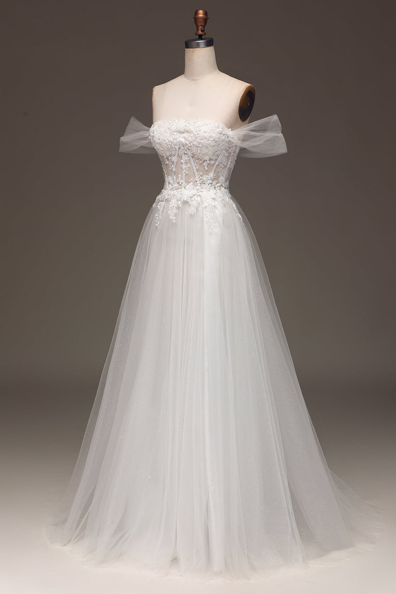 Load image into Gallery viewer, White Off the Shoulder A Line Corset Prom Dress with Appliques