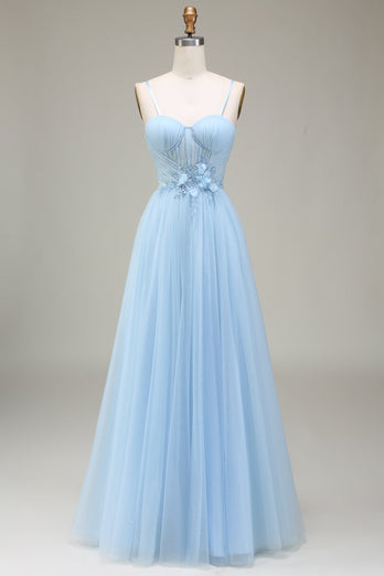 Sparkly Light Blue A-Line Tulle Prom Dress With Appliques