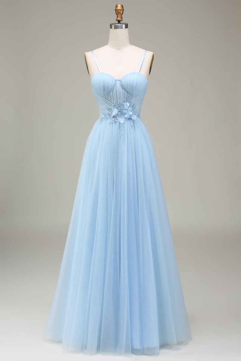 Load image into Gallery viewer, Sparkly Light Blue A-Line Tulle Prom Dress With Appliques