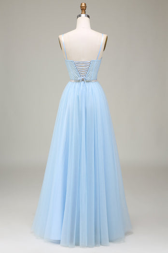 Sparkly Light Blue A-Line Tulle Prom Dress With Appliques