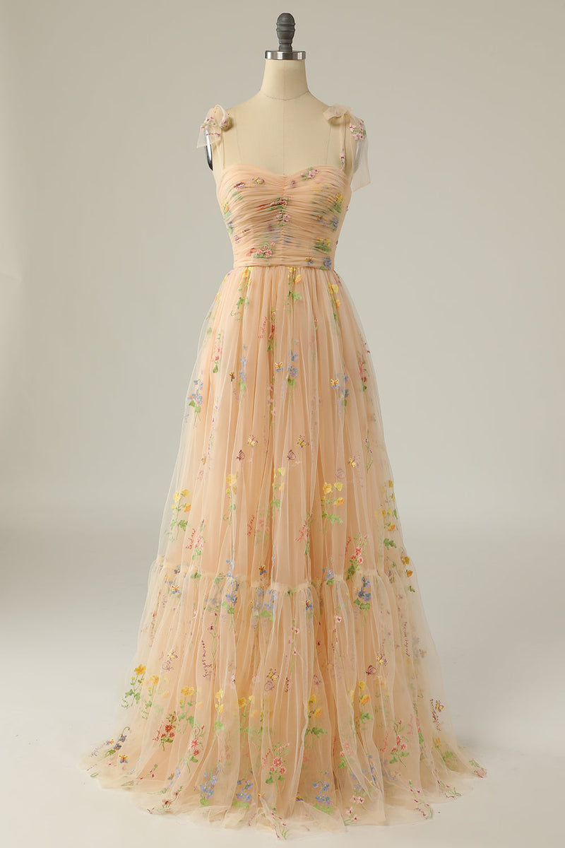 Load image into Gallery viewer, Champagne Embroidery Long Prom Dress