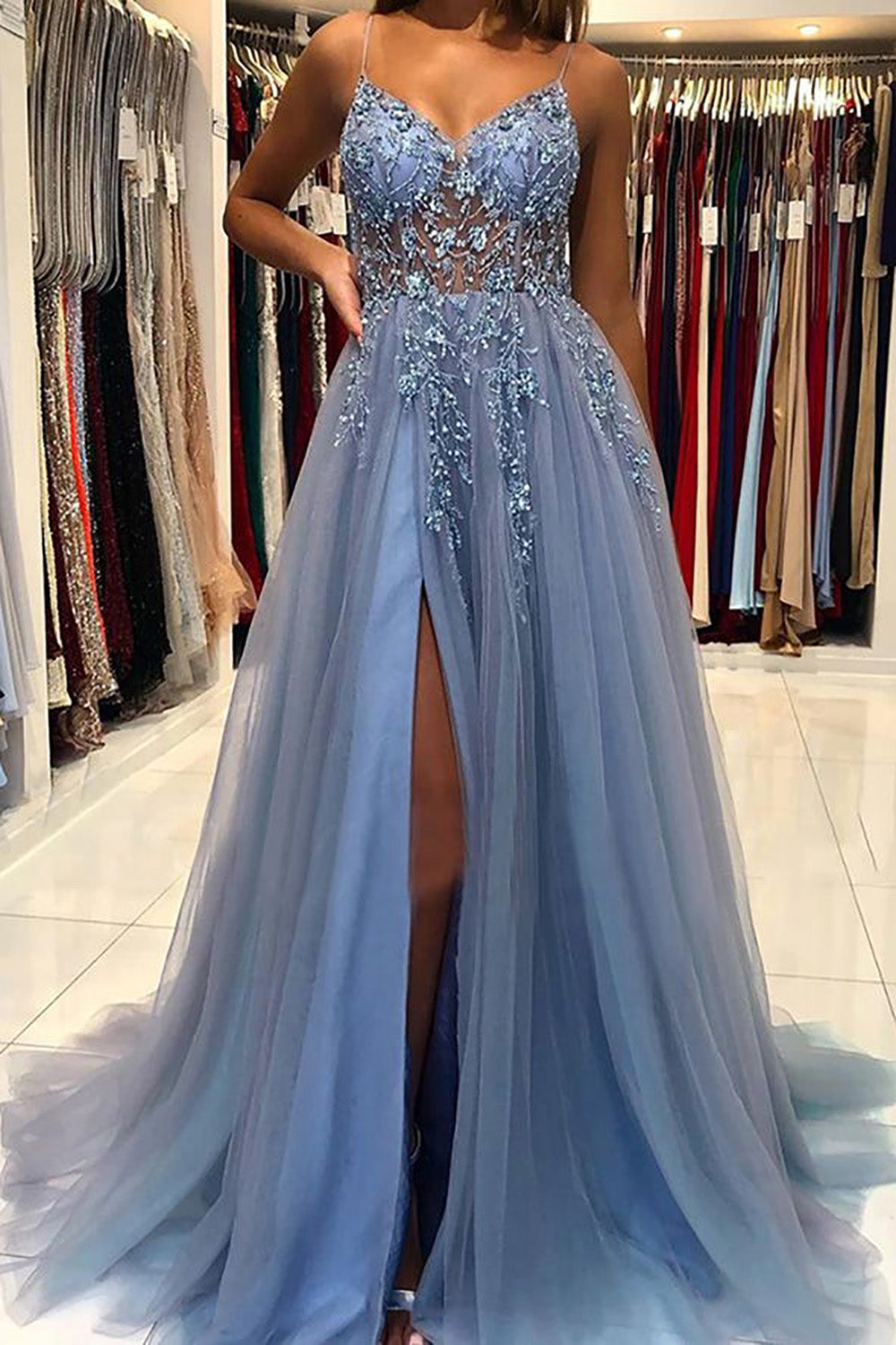 Tulle Blue Beading Princess Prom Dress