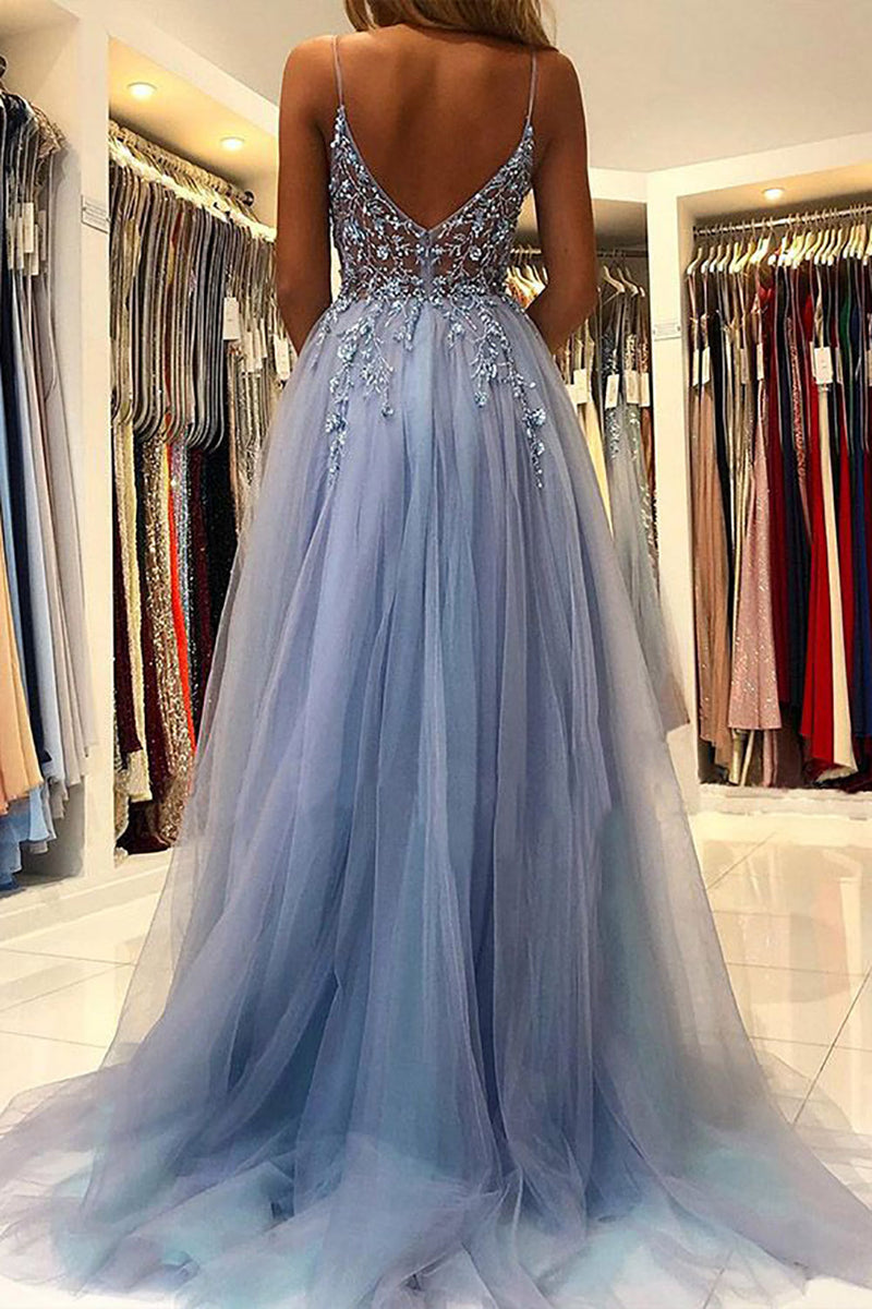 Load image into Gallery viewer, Tulle Blue Beading Princess Prom Dress