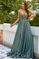 Load image into Gallery viewer, Dark Grey Glitter Spaghetti Straps Long Prom Dress
