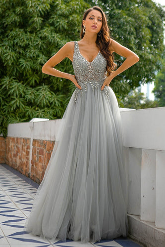 Grey V Neck Beaded Long Prom Dress