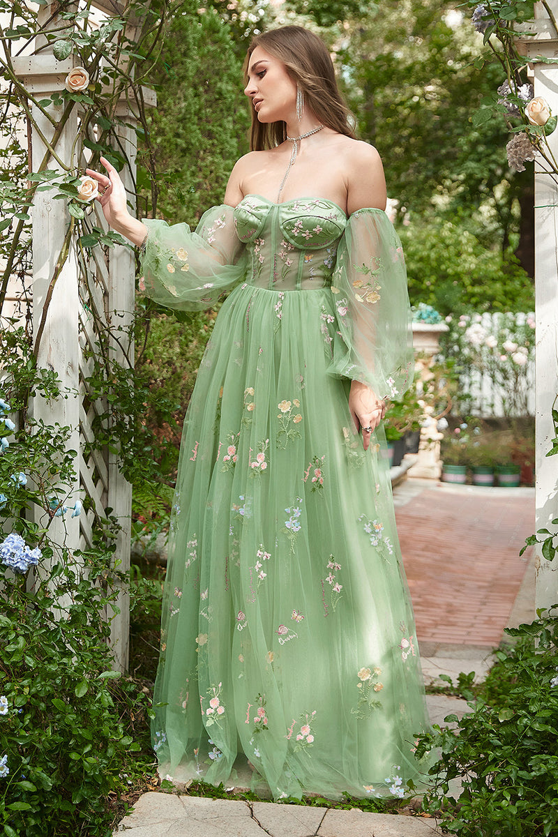 Load image into Gallery viewer, Off The Shoulder Green A-Line Prom Dress with Long Sleeves
