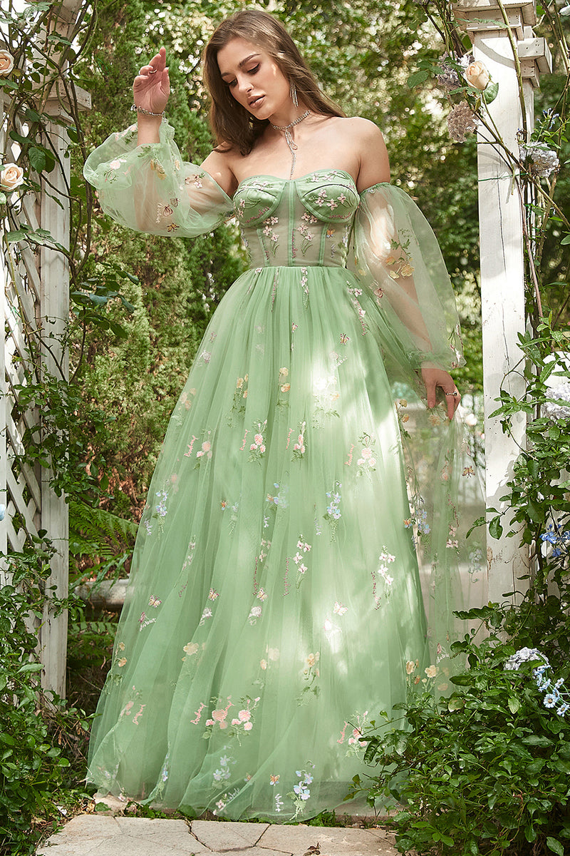 Load image into Gallery viewer, Off The Shoulder Green A-Line Prom Dress with Long Sleeves