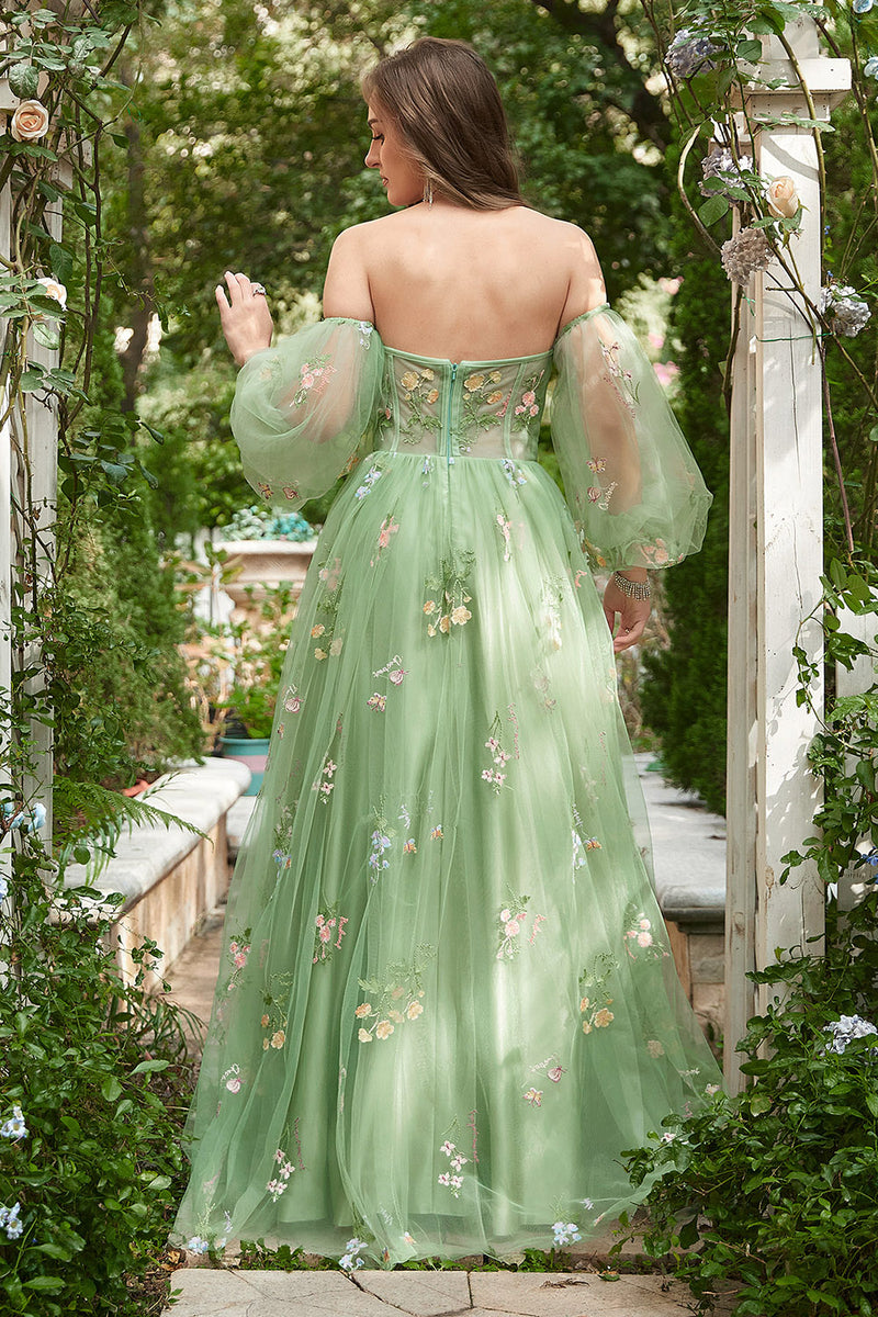 Load image into Gallery viewer, Off The Shoulder Green A-Line Prom Dress with Long Sleeves