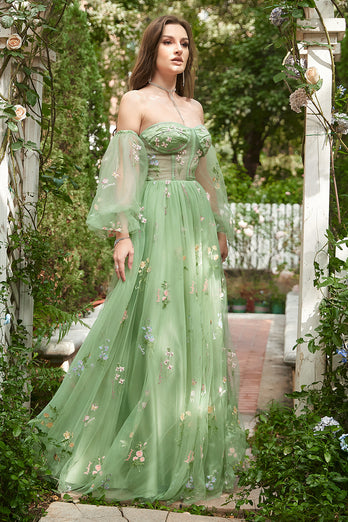 Off The Shoulder Green A-Line Prom Dress with Long Sleeves