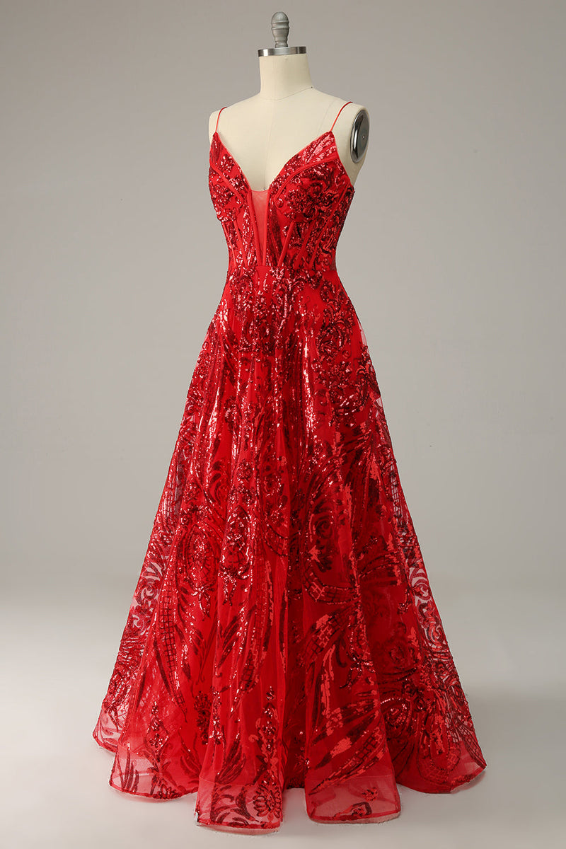 Load image into Gallery viewer, A Line Spaghetti Straps Princess Prom Dress with Criss Cross Back