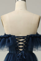 Load image into Gallery viewer, A-Line Off the Shoulder Sweetheart Tulle Navy Long Prom Dress