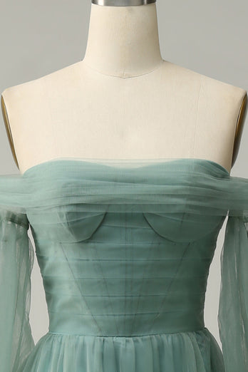 Off The Shoulder Grey Green A-Line Tull Prom Dress With Long Sleeves