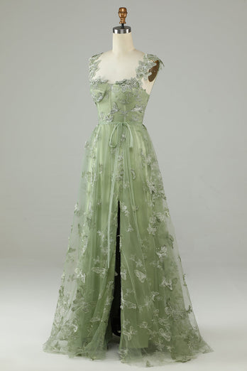 Tulle Corset Long Green Prom Dress with 3D Butterflies
