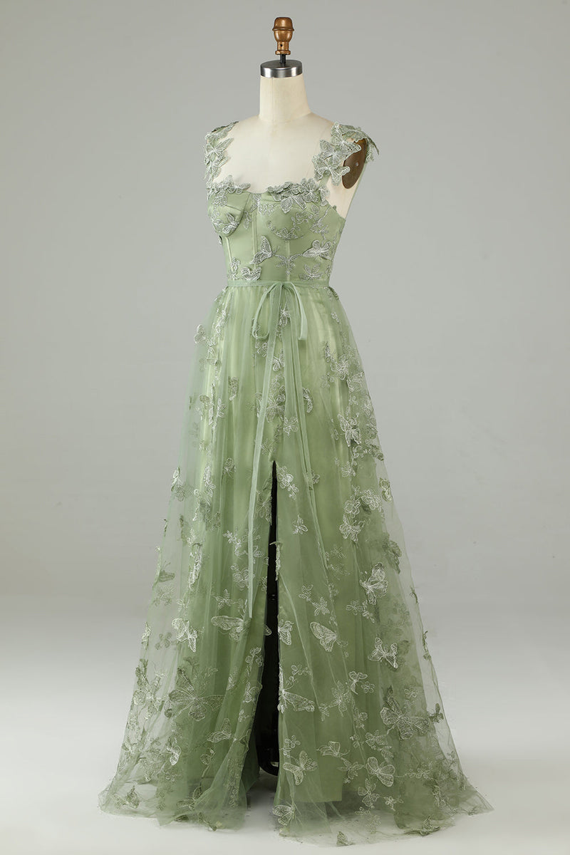 Load image into Gallery viewer, Tulle Corset Long Green Prom Dress with 3D Butterflies