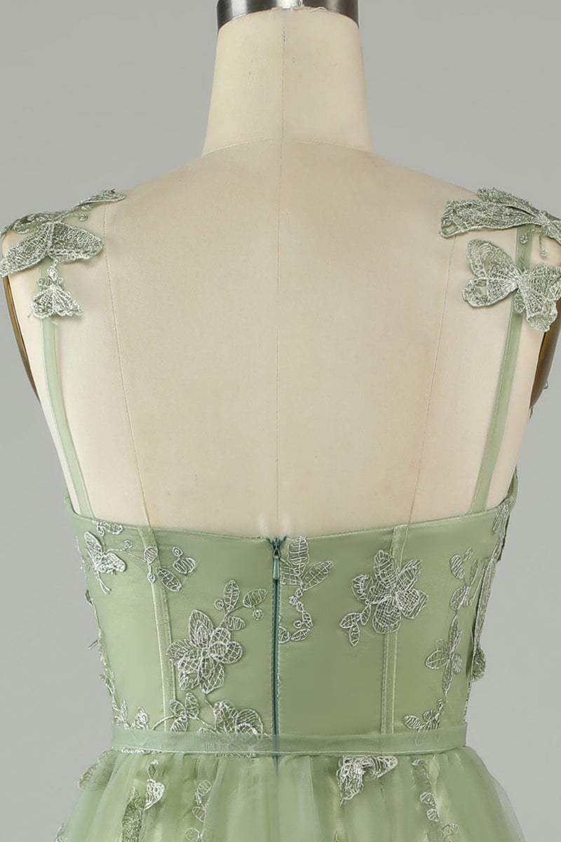 Load image into Gallery viewer, Tulle Corset Long Green Prom Dress with 3D Butterflies