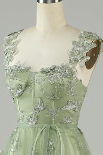 Tulle Corset Long Green Prom Dress with 3D Butterflies