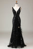 Load image into Gallery viewer, Black Sparkly Depp V-neck Mermaid Prom Dress with Feathers