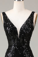 Load image into Gallery viewer, Black Sparkly Depp V-neck Mermaid Prom Dress with Feathers