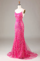 Load image into Gallery viewer, Hot Pink Sequins &amp; Beaded Mermaid Prom Dress with Backless