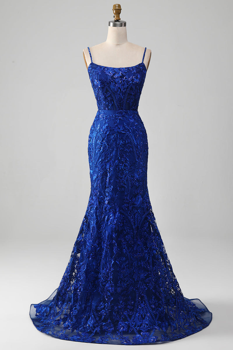Load image into Gallery viewer, Sparkly Royal Blue Mermaid Spaghetti Straps Long Prom Dress With Appliques