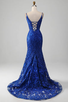 Sparkly Royal Blue Mermaid Spaghetti Straps Long Prom Dress With Appliques