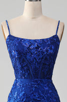 Load image into Gallery viewer, Sparkly Royal Blue Mermaid Spaghetti Straps Long Prom Dress With Appliques