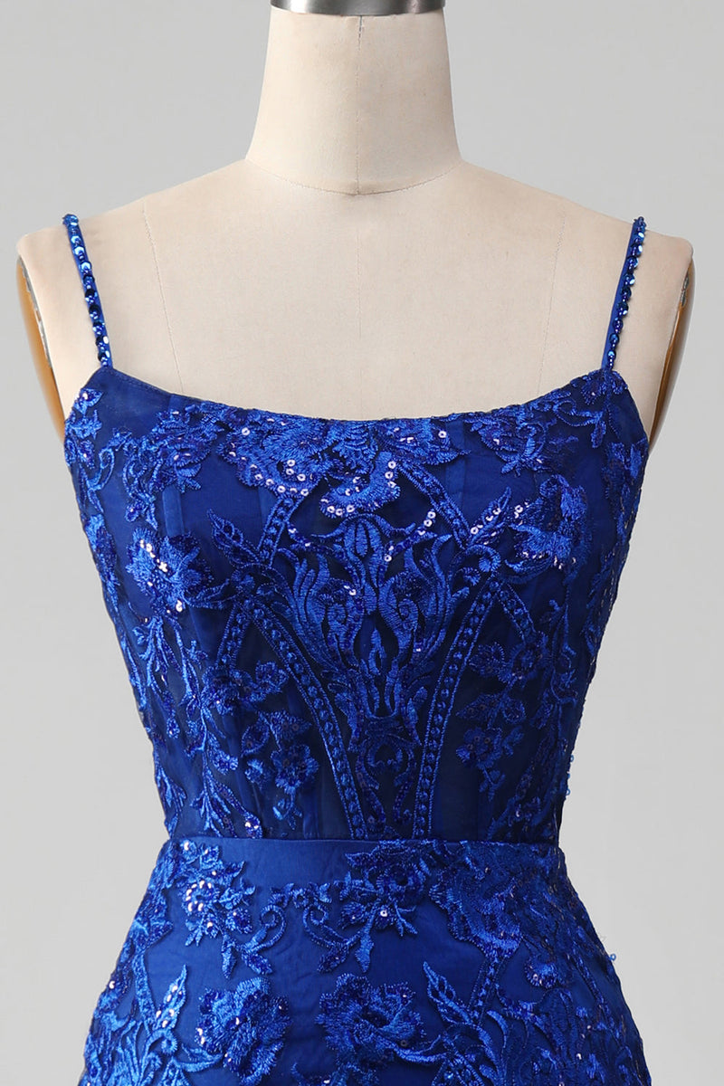 Load image into Gallery viewer, Sparkly Royal Blue Mermaid Spaghetti Straps Long Prom Dress With Appliques