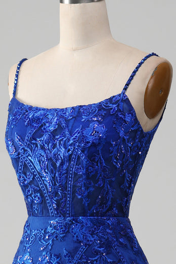 Sparkly Royal Blue Mermaid Spaghetti Straps Long Prom Dress With Appliques