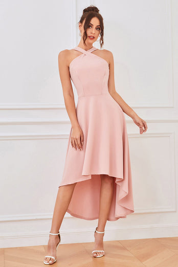 Pink A Line Halter High Low Homecoming Dress