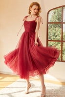 Load image into Gallery viewer, Spaghetti Straps Red Polka Dots Midi Prom Dress