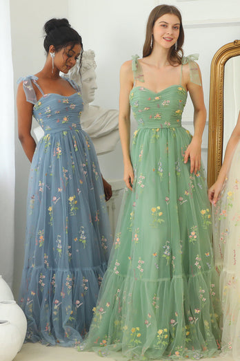 Green Tulle A Line Long Prom Dress with Embroidery