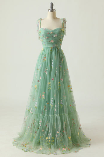 Green Tulle A Line Long Prom Dress with Embroidery
