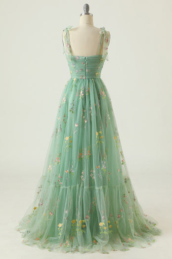 Green Tulle A Line Long Prom Dress with Embroidery