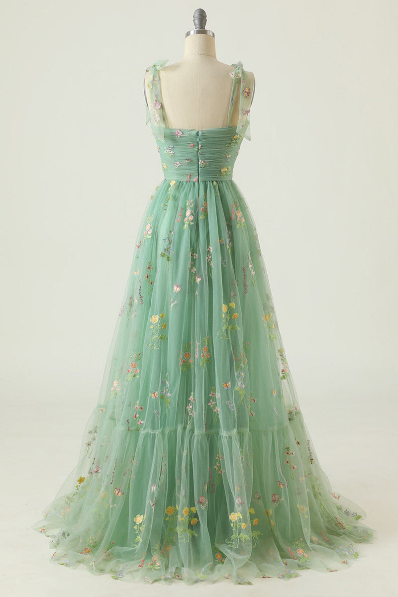 Load image into Gallery viewer, Green Tulle A Line Long Prom Dress with Embroidery