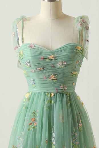 Green Tulle A Line Long Prom Dress with Embroidery