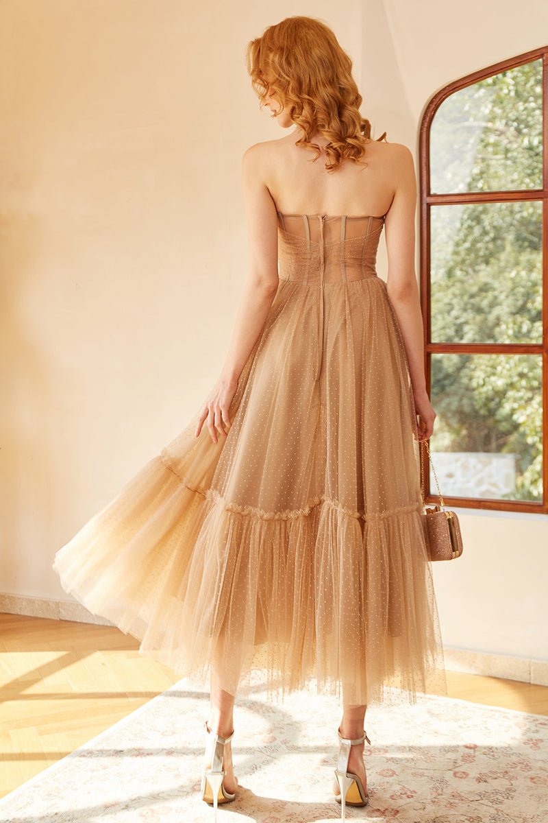 Load image into Gallery viewer, Khaki Polka Dots A Line Tulle Corset Prom Dress