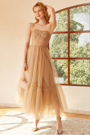 Khaki Polka Dots A Line Tulle Corset Prom Dress