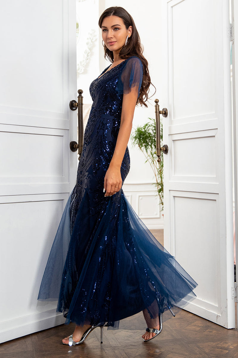 Load image into Gallery viewer, Navy Blue Sequins Mermaid Mother of the Bride Dress