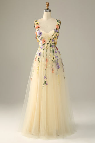 Champagne A Line Tulle Prom Dress with Appliques