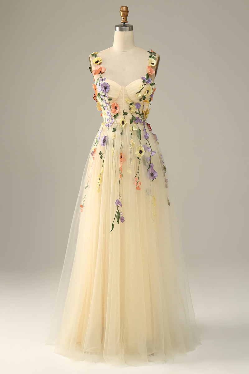 Load image into Gallery viewer, Champagne A Line Tulle Prom Dress with Appliques