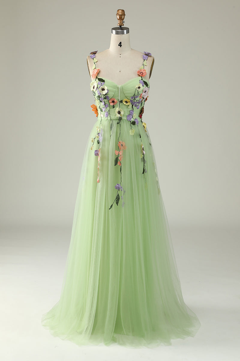 Load image into Gallery viewer, Champagne A Line Tulle Prom Dress with Appliques